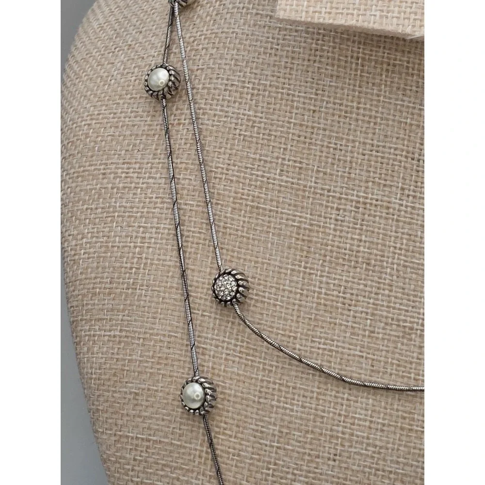 Vtg BRIGHTON Signed Faux Pearl Station Necklace Reversible Snake Chain 40